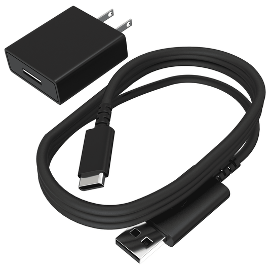 A black USB-C charger with an adapter and a cable.