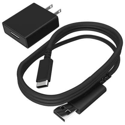 A black USB-C charger with an adapter and a cable.