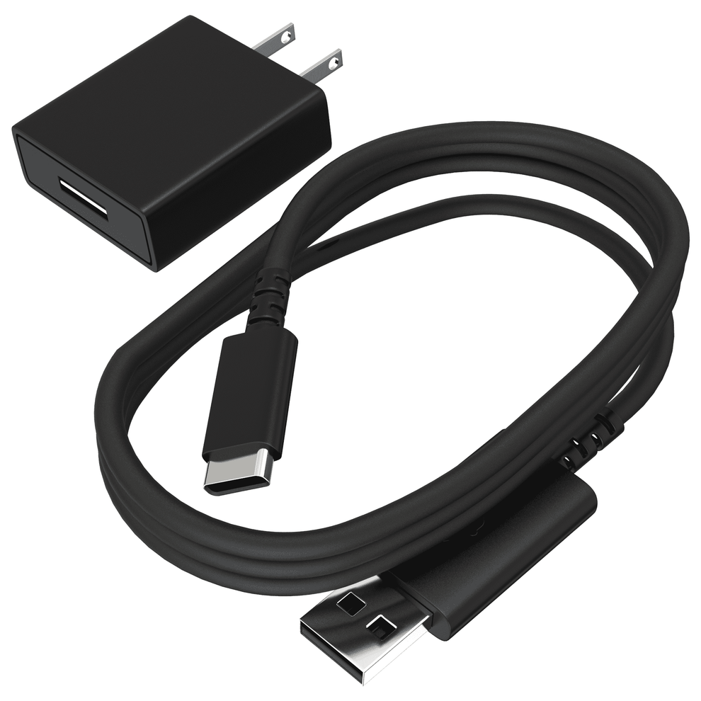 A black USB-C charger with an adapter and a cable.