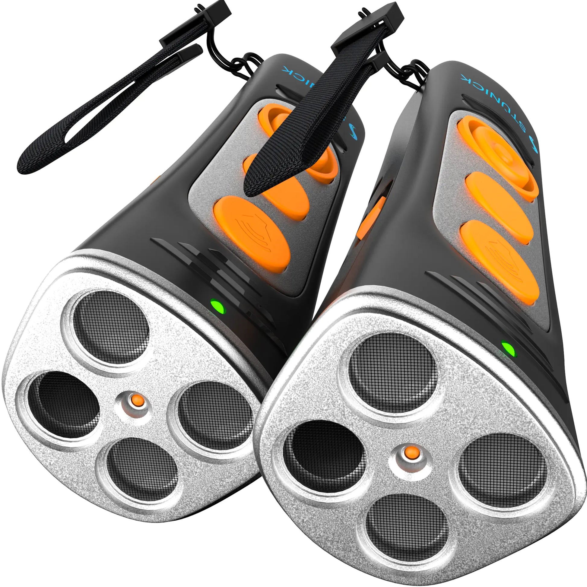A black dog bark deterrent device with orange buttons, and a strap for holding it.
