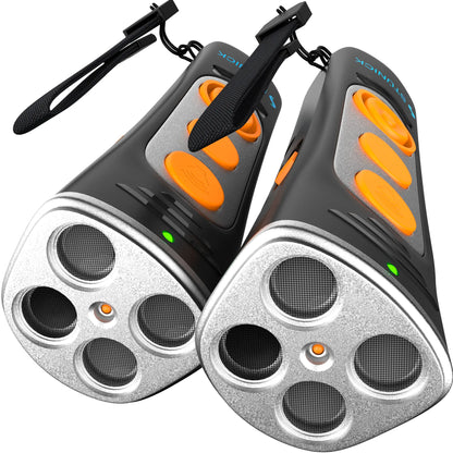 A black dog bark deterrent device with orange buttons, and a strap for holding it.